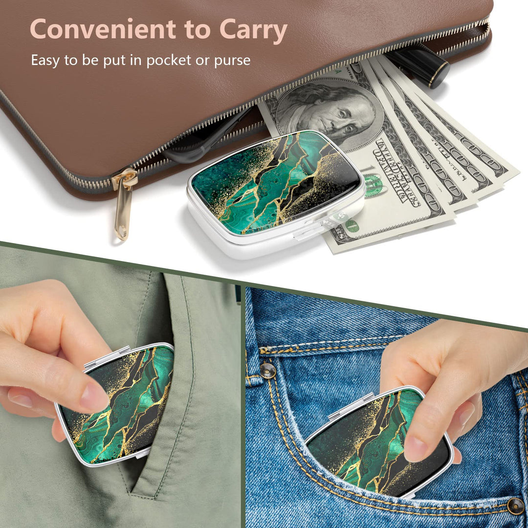 Nipichsha Pill Box, Small Pill Case for Purse & Pocket, Cute Medicine Organizer Travel Pillbox, Portable Pill Container Holder to Hold Vitamins, Medication, Fish Oil and Supplement, Dark Green Marble