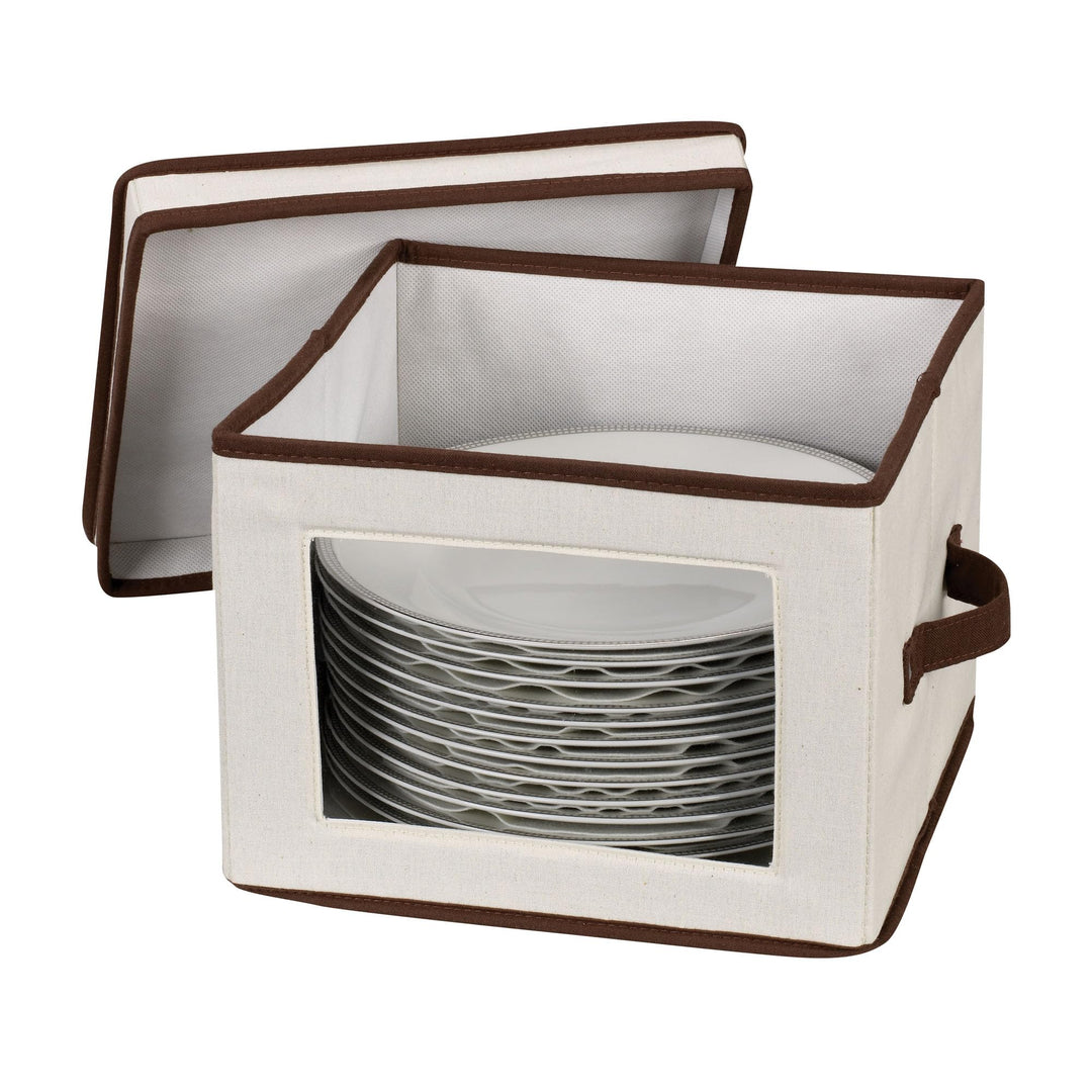 536 Dinnerware Storage Box with Lid and Handles | Storage Bin for Dinner Plates | Natural Canvas with Brown Trim