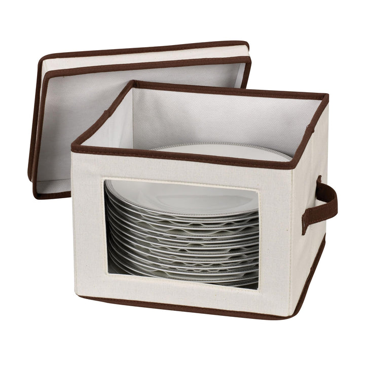 536 Dinnerware Storage Box with Lid and Handles | Storage Bin for Dinner Plates | Natural Canvas with Brown Trim