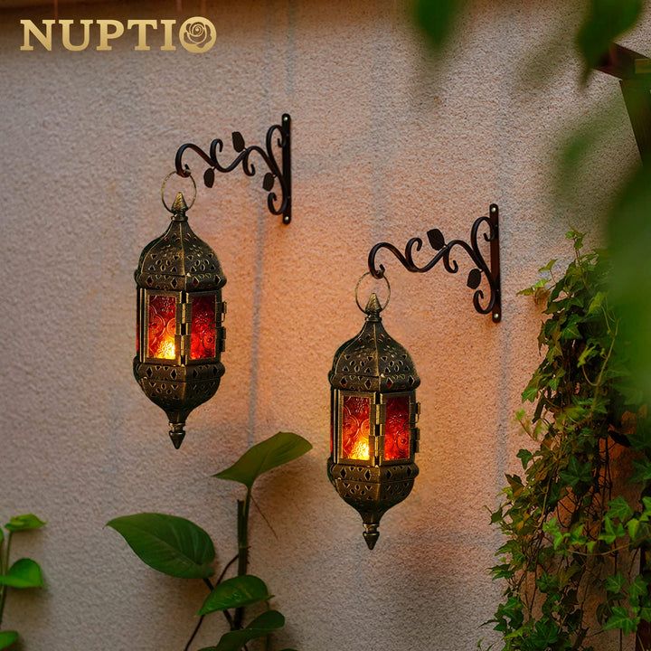 2 Pcs Hanging Hexagon Decorative Moroccan Candle Lantern Holders, Handmade Hanging Tea Light Holder in Bronze Metal &amp; Red &amp; Purple Glass Gift &amp; Decor Items