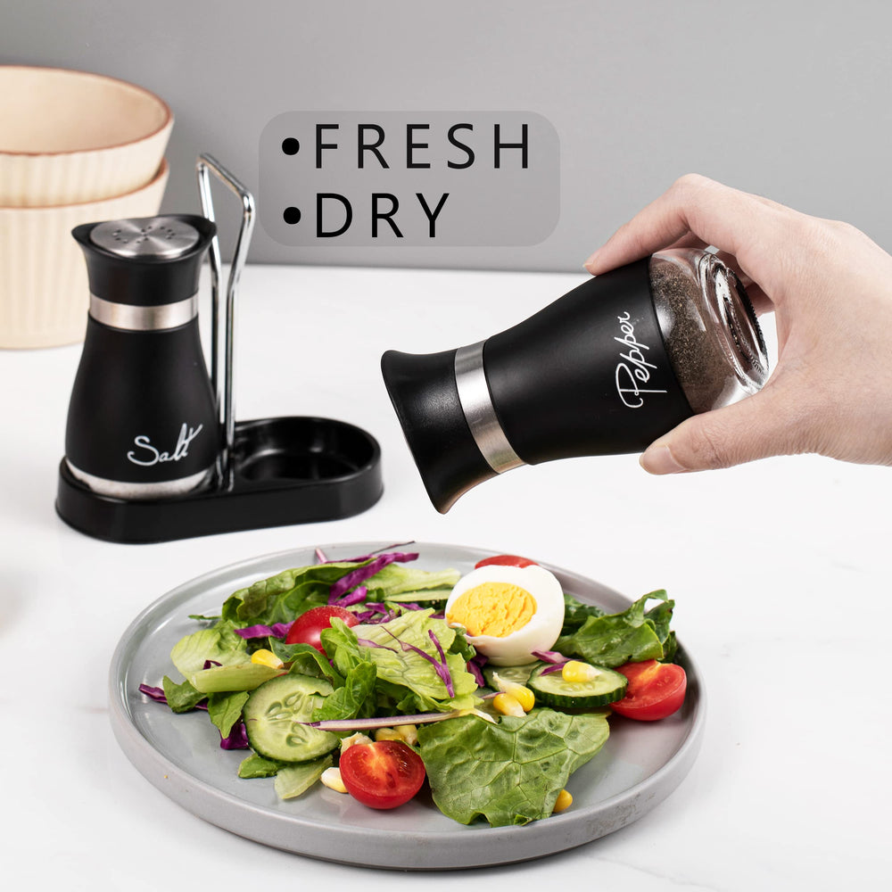 Salt and Pepper Shakers Set, Stainless Steel with Glass Bottle for Table, RV, Camp, BBQ, Set of 2, Black