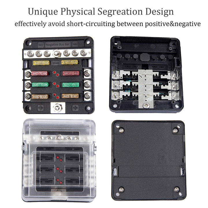 Fuse Block, 6 Way Fuse Panel with 36pcs Fuse Blades Fuse Box w/Negative Bus LED Warning Indicator for Boat Marine Car Auto (6 Circuit)