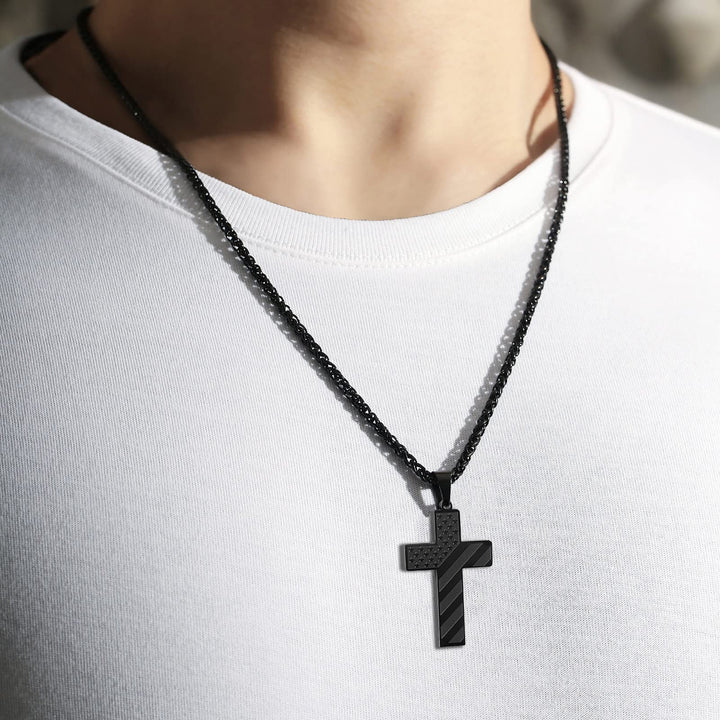 Black Cross Necklace Pendant for Men Boys American Flag Chain First Communion Confirmation Baptism Christian Gifts Teen Teenage Boys (Joshua 1:9)