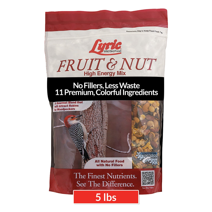 Fruit and Nut Wild Bird Seed - High Energy Wild Bird Food Mix - Attracts Woodpeckers, Chickadees & Other Songbirds - 5 lb bag