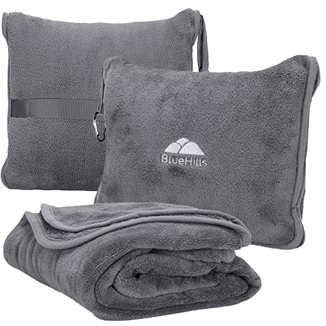 Premium Soft Travel Blanket Pillow Airplane Flight Blanket Throw Bag Pillowcase Compact Large Blanket 2 in 1 Combo Warm Traveling Plane Essentials Portable Gifts Lightweight Grey Gray T007