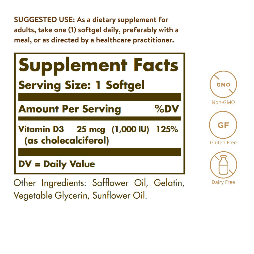 Solgar Vitamin D3 Cholecalciferol 25 MCG 1000 IU Softge