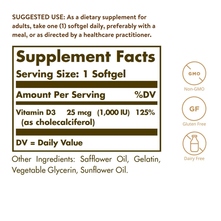Solgar Vitamin D3 Cholecalciferol 25 MCG 1000 IU Softge
