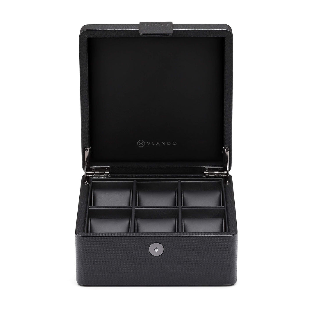 6-Slot Watch Box Organizer Collector - Wooden Case and Snap Fastener Closure - Gift Packing, Black