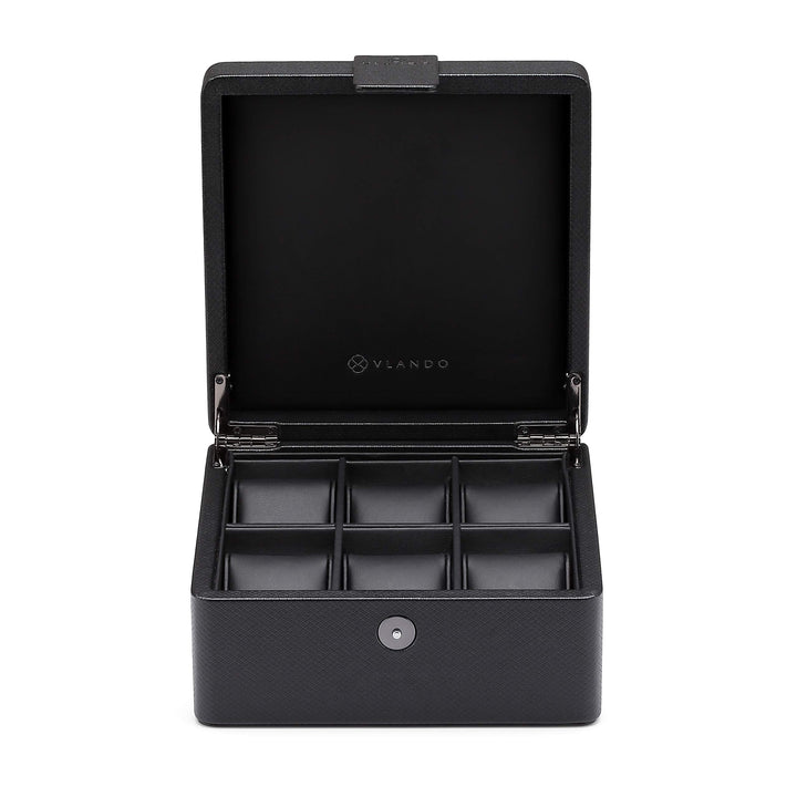 6-Slot Watch Box Organizer Collector - Wooden Case and Snap Fastener Closure - Gift Packing, Black