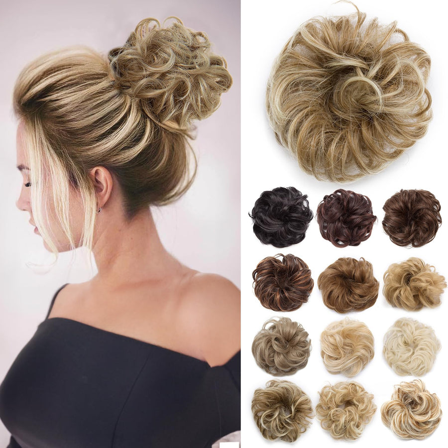 Messy Bun Hair Piece Scrunchy Updo Hair Pieces for Women Fluffy Wavy Hair Bun Scrunchies Donut Hairpiece Synthetic Chignons With Elastic Rubber Band Light Ash Brown to Bleach Blonde 1 pc