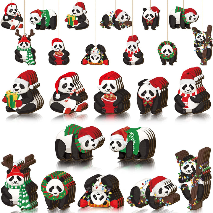 48 Pcs Panda Christmas Ornament for Christmas Tree Xmas Wood Panda Hanging Decoration Pendant Christmas Wood Cutouts with Ropes Panda Ornaments for Tree Living Room Home Window Outdoor Car