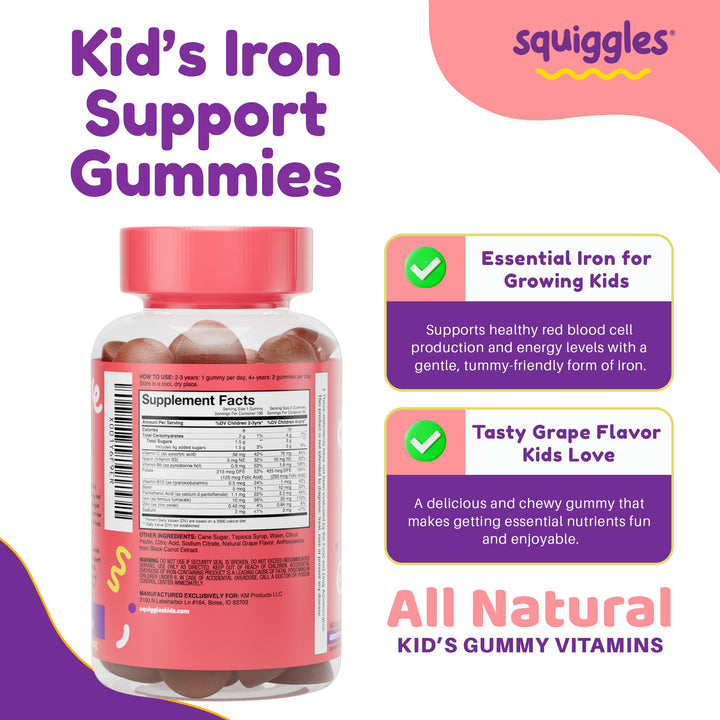 Kids Daily Iron+ Gummies - Chewable Supplement with Iron, Multivitamin for Children, Low Sugar, Vegan, Toddler Gummies, Yummy Grape Flavor (100 Count)