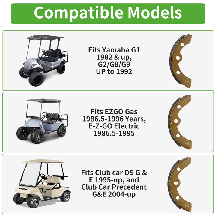 10L0L Golf Cart Brake Shoes for Yamaha G1 G2 G8 G9 Club Car 1995-up, EZGO 1986.5-Up (2 Long, 2 Short) 1018232-01 27249G01 17-25340-00