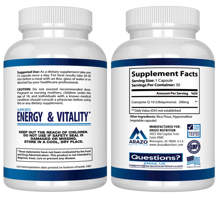 Arazo Nutrition CoQ10 Ubiquinone Coenzyme Q10-200mg Maximum Strength Nutritional Supplement - High Absorption Capsules with No Soy
