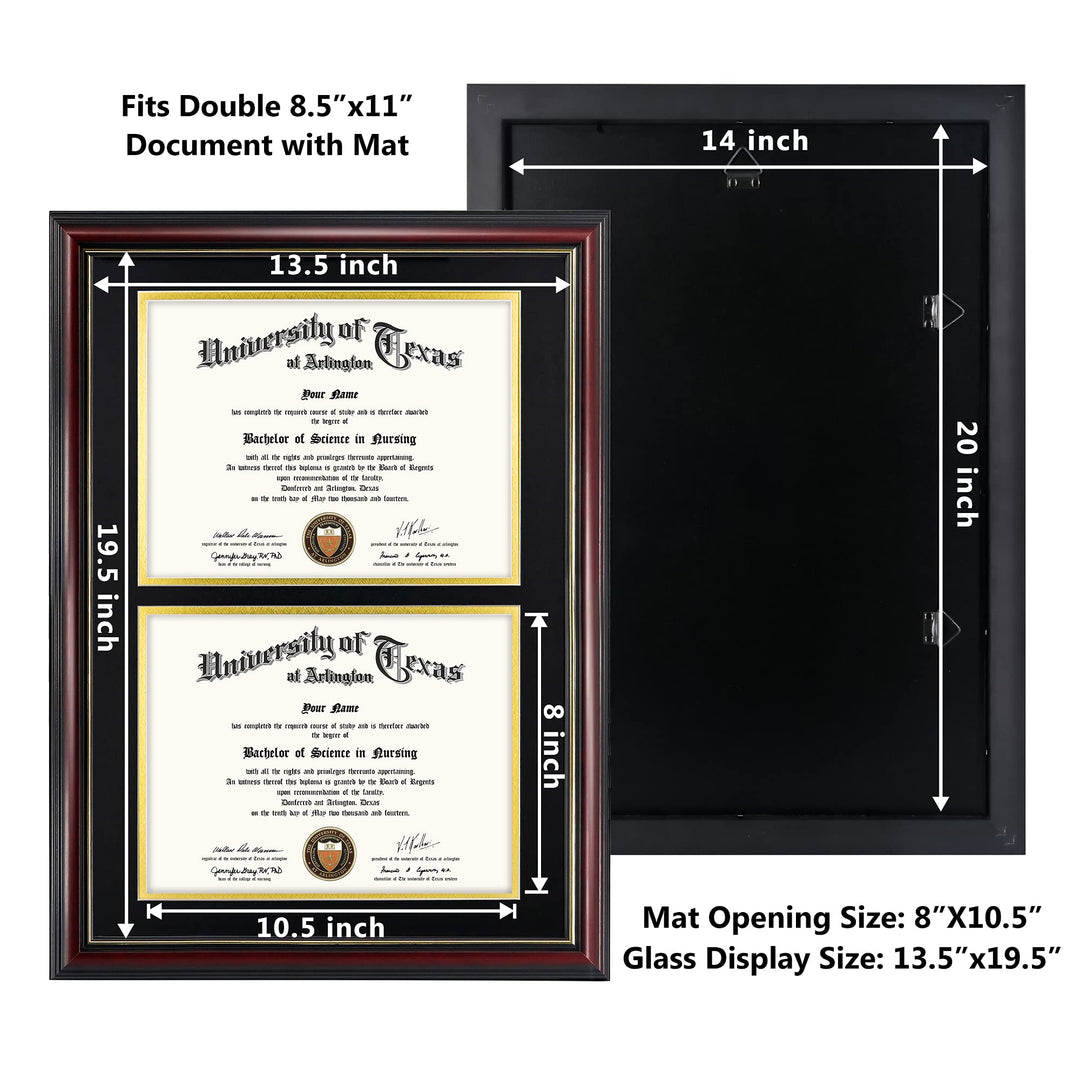 Double 8.5x11 Diploma Frame,Solid Wood &amp; UV Protection Acrylic,Cherry Finish with Gold Trim,Black &amp; Gold Mat