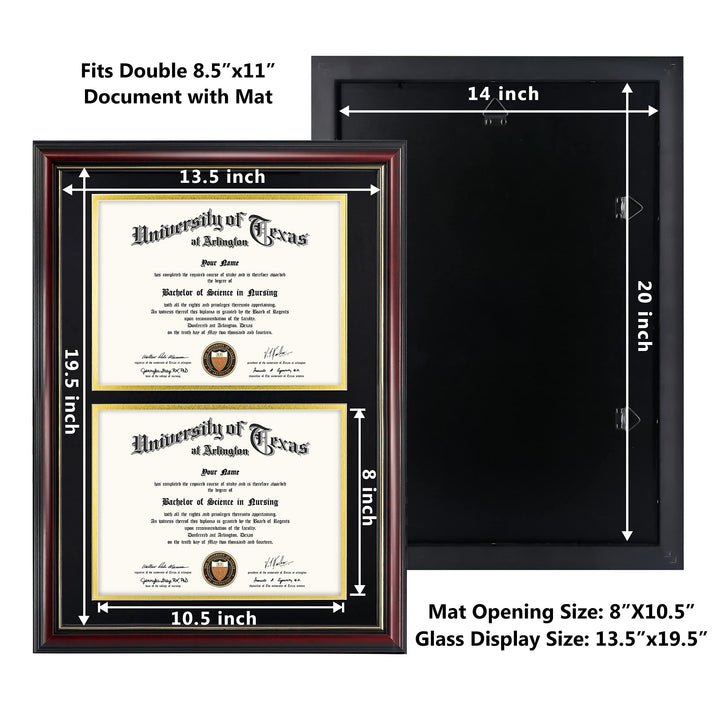 Double 8.5x11 Diploma Frame,Solid Wood &amp; UV Protection Acrylic,Cherry Finish with Gold Trim,Black &amp; Gold Mat