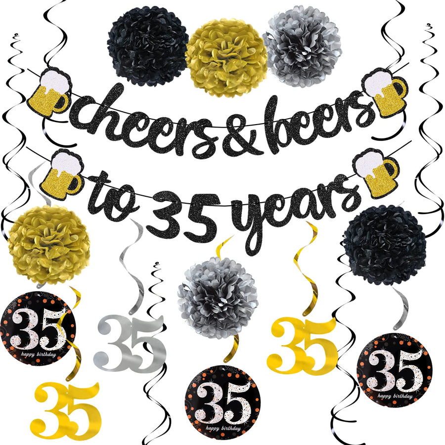 35th Birthday Decorations Kit for Men Women, Cheers to 35 Years Banner with Pom Poms Flowers, 35th Sparkling Hanging Swirl Decorations for 35th Birthday Wedding Party Supplies Decorations