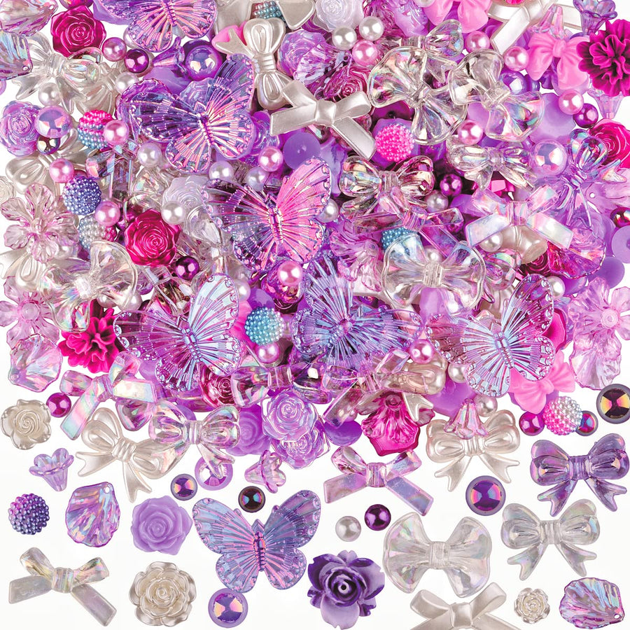Kikonoke 350 Pieces 3D Resin ABS Colorful Rose Flower Bows Butterfly Charms with Flatback Half Round Pearl Beads for Bracelet Earring Necklace Craft DIY Making Supplies (Purple)