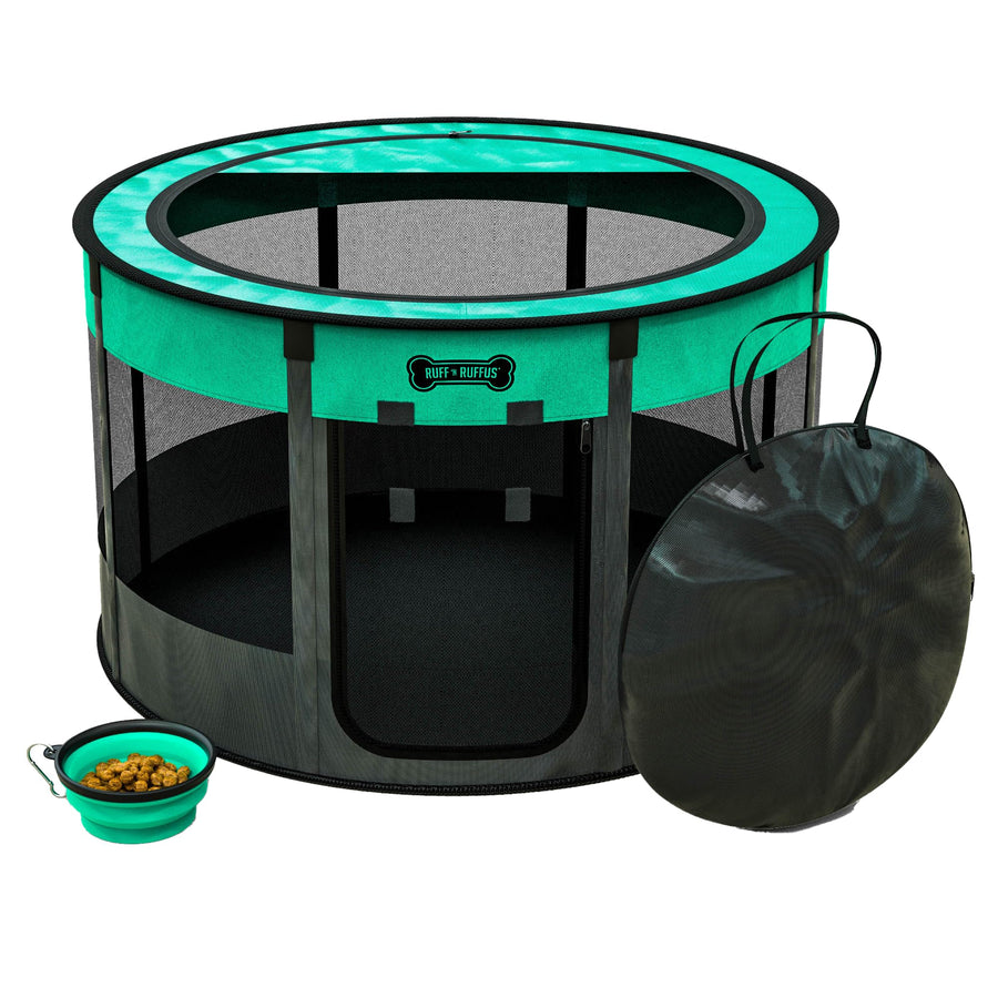 Ruff 'N Ruffus Portable Foldable Pet Playpen +Free Carrying Case + Free Travel Bowl (Medium (36x36x23 inches), Aqua (Blue))