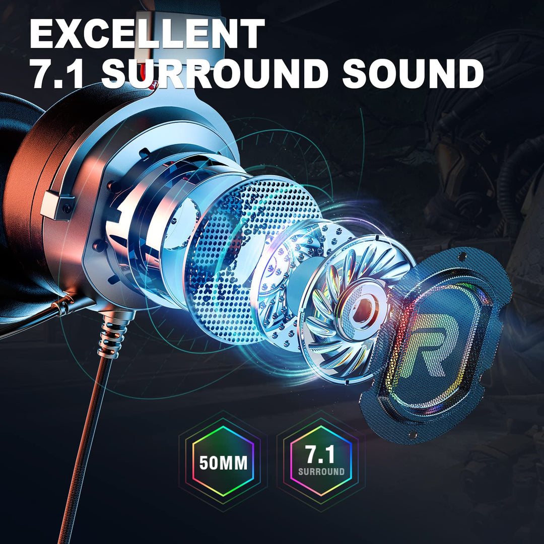 7.1 Surround Sound Gaming Headset for PC PS4 PS5, USB Wired Gaming Headphone with Noise Canceling Mic&amp;RGB Lights, Comfortable Memory Foam, Compatible with Xbox(Adapter Needed), Laptop, Mac