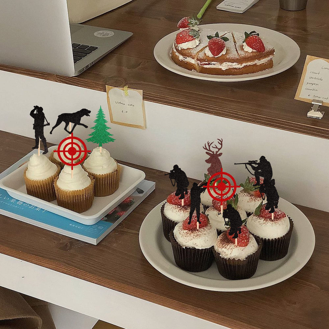 24 Pack Hunting Cupcake Toppers Glitter Tree Deer Hound Target Hunter Cupcake Picks Woodland Hunting Theme Baby Shower Boys Girls Birthday Party Cake Decorations Supplies