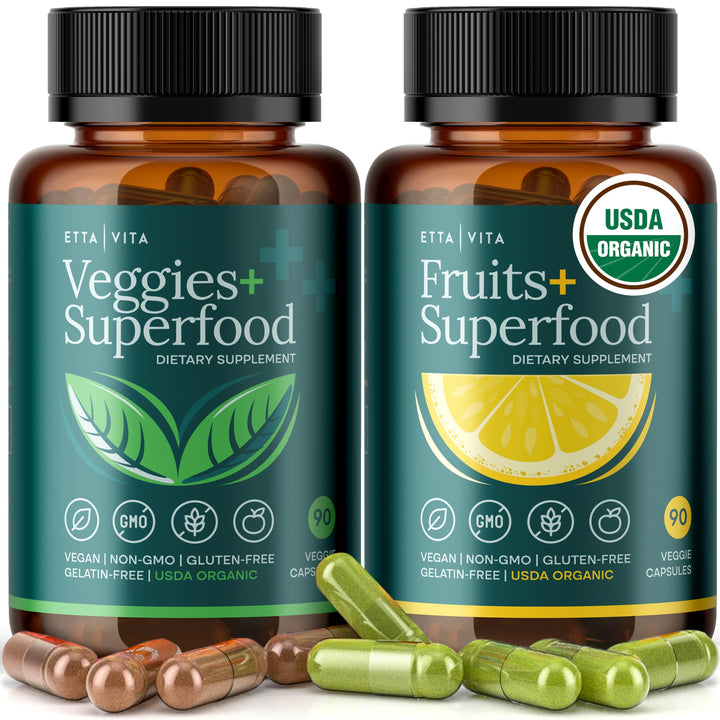 100% Organic Fruits and Veggies Supplement (USDA Organic - Made in USA) 180 Potent Fruits and Vegetable Capsules for Energy Boost &amp; Daily Fruit and Vegetable Vitamins - Vegan, Non-GMO, Gluten-Free