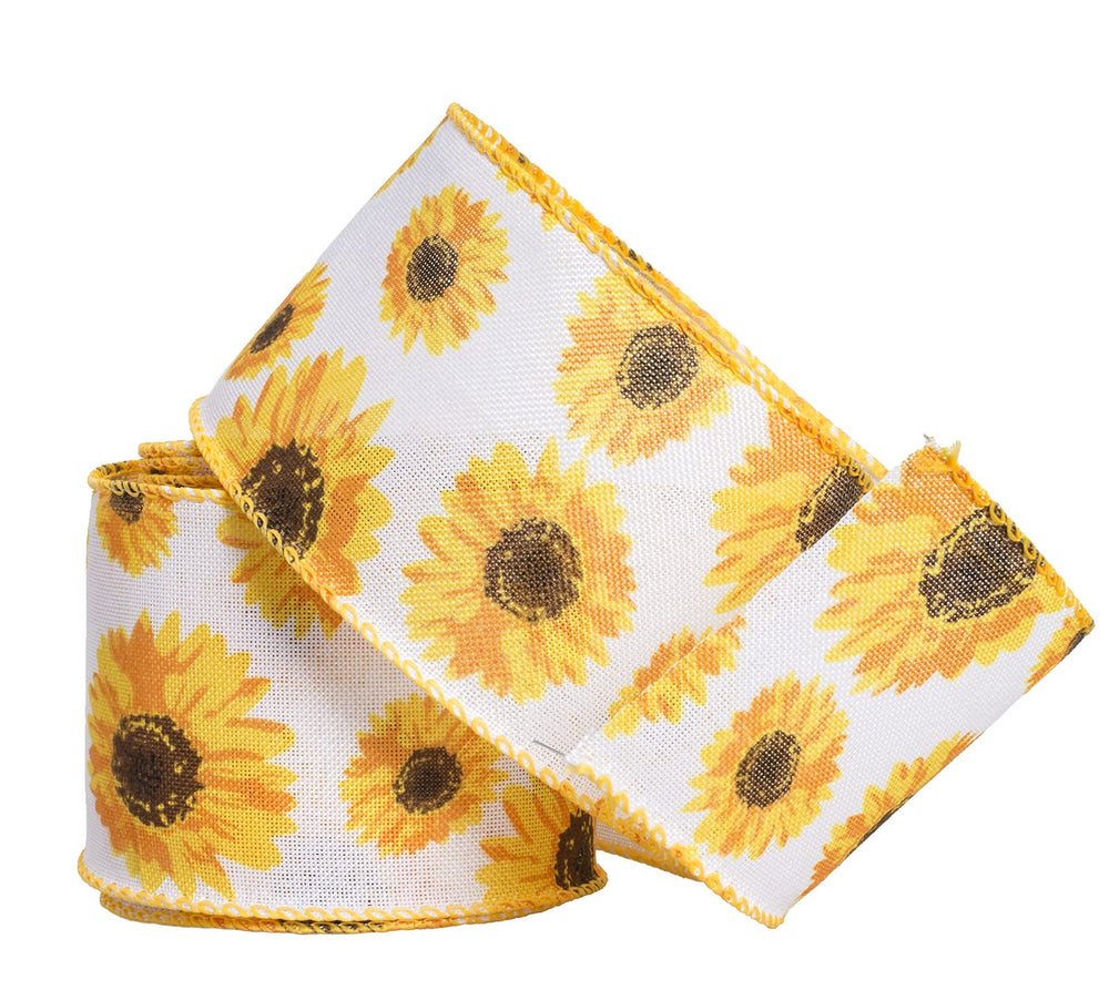 Sunflower Wired Ribbon, Flower Sunflower Ribbon for Spring Summer Autumn Wreath, Wrapping and Home Decoration, 10 Yards by 2.5 Inches (Style 1)