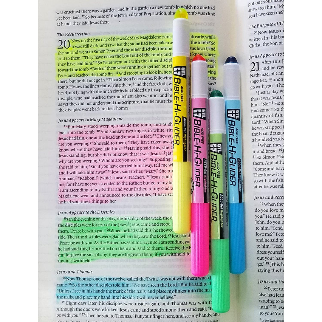 G.T. Luscombe Company, Inc. Accu-Gel Bible-Hi-Glider Bible Study Set | No Bleed Solid Gel Highlighter | No Smearing or Fading | Long Lasting Bright Translucent Colors (Set of 6)