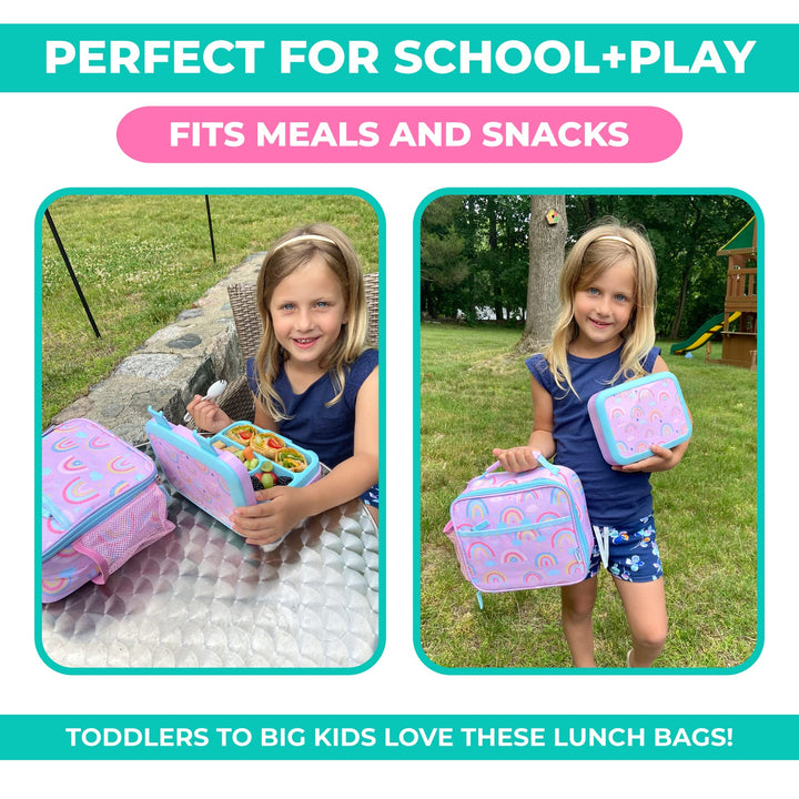 Bento Lunch Box with Thermal for Kids Set, Insulated Lunch Bag with Ice Pack, Stainless Steel Food Jar for Hot Soup, Boxes with 4 Compartments, Purple Rainbow