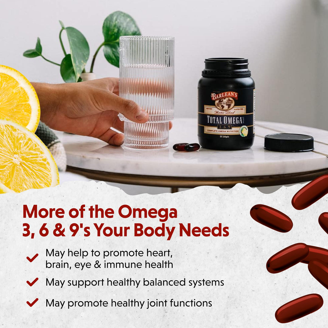 Barlean&#39;s Total Omega 3 6 9 Softgels, Blended Fish Oil Supplement with Borage and Flaxseed Oil, 1,000 mg Omegas ALA, EPA, DHA and GLA for Joint Support Supplements and Heart Health, 90 Count