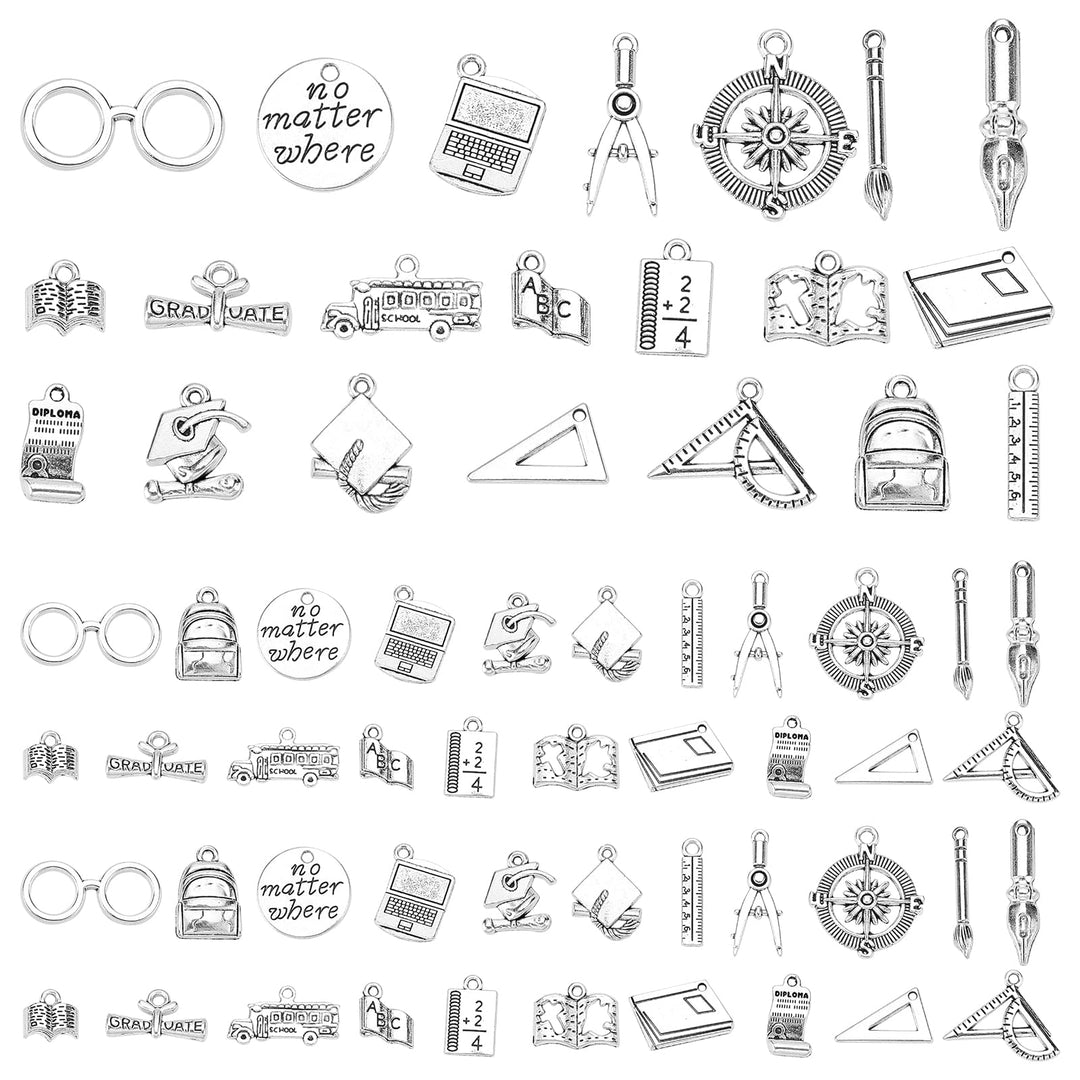 63pcs Teacher Charm Collection 21 Styles100pcs School Theme Charms Antique Silver Graduation Charms Alloy Cap Pen Ruler Charms for Gifts Souvenir Jewelry Bracelet Necklace Making