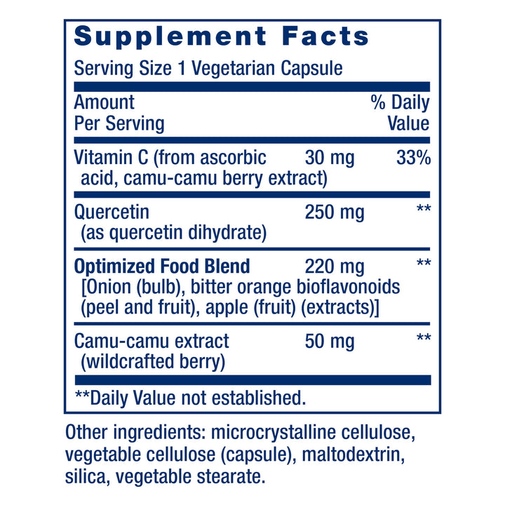 Optimized Quercetin 250 mg - Non-GMO, Gluten Free - with vitamin C and Camu-Camu Extract - 60 Vegetarian Capsules