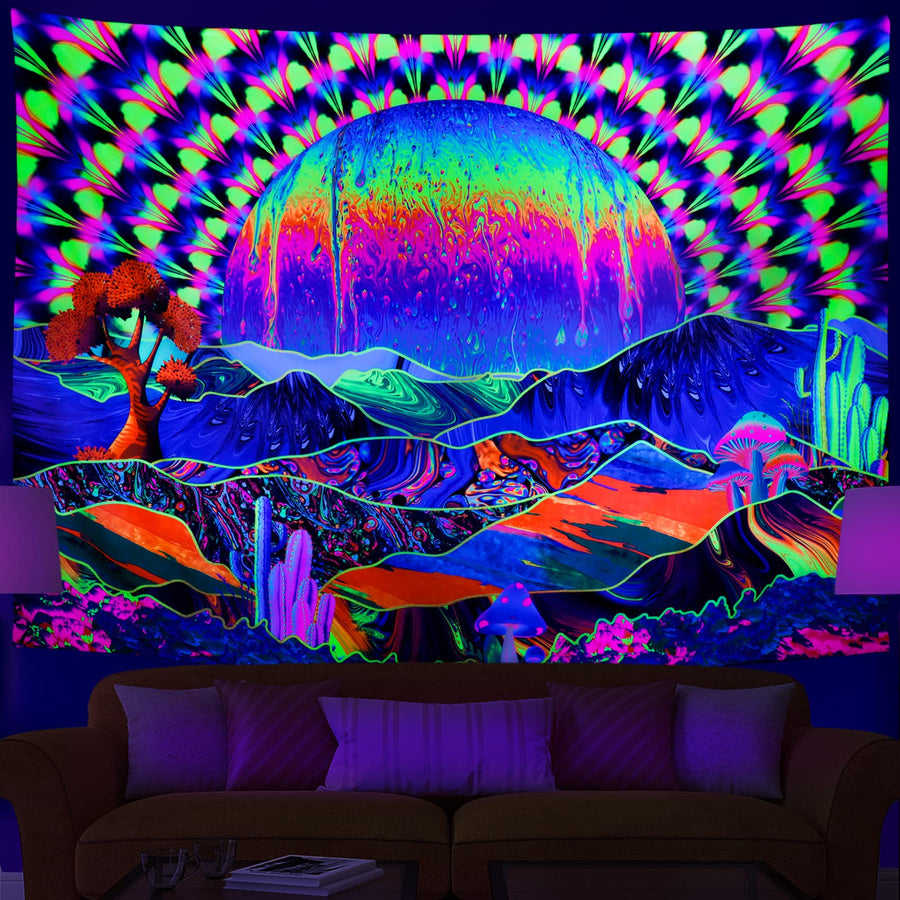 Blacklight Tapestry Planet and Mountains Trippy Tapestry UV Reactive Neon Tapestries Wall Hanging Tapestry for Living Room Dorm Decor W78×H59