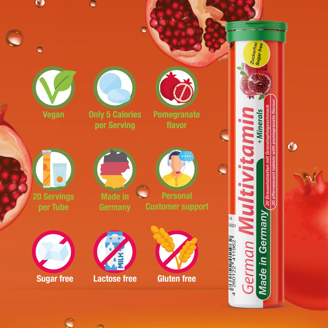 T&amp;D German Multivitamin + Mineralien Drink Effervescent Tablets 140 Servings Pomegranate Flavour – 10 Vitamins + 2 Minerals – Made in Germany