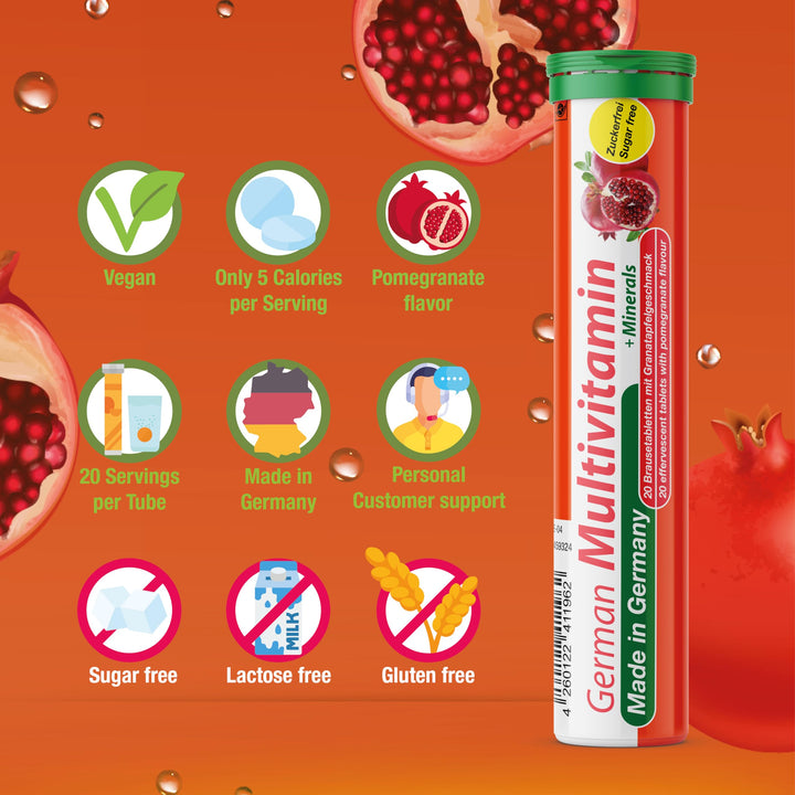 T&amp;D German Multivitamin + Mineralien Drink Effervescent Tablets 140 Servings Pomegranate Flavour – 10 Vitamins + 2 Minerals – Made in Germany
