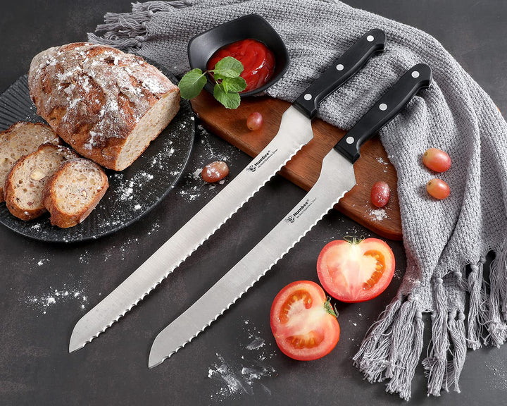 , 12 Inch Offset Bread Knife Serrated Knife Wave Edge Blade, Black