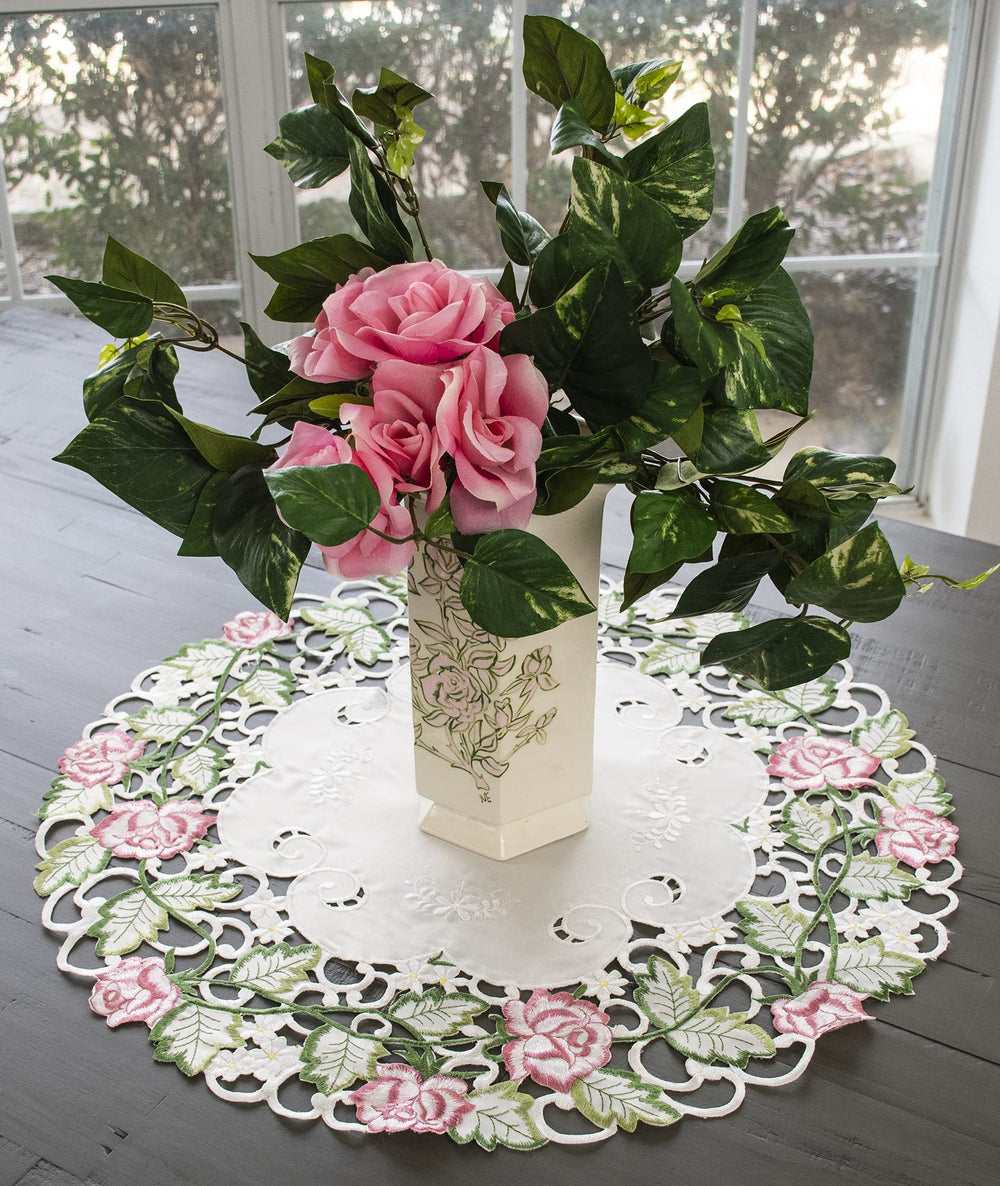Embroidered Victorian Pink Rose with Green Cut Work on Ivory Large Doily, Small Table Centerpiece, Placemat (22 Inch Round)