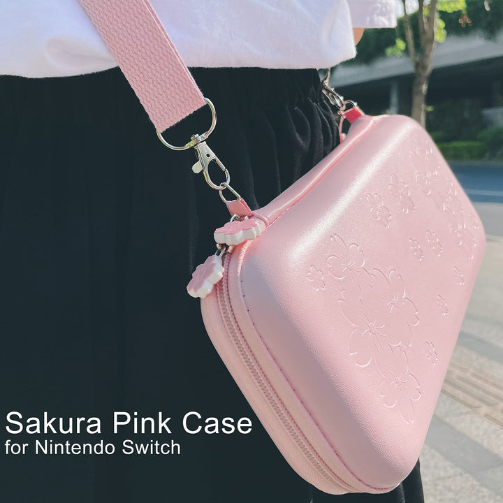 Cute Travel Carrying Case for Nintendo Switch Accessories Kit with Hard Protective Cover, Glass Screen Protector, Adjustable Stand and Thumb Grip Caps 10 in 1(Switch Pink)