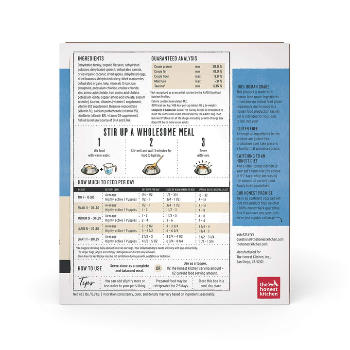 Human Grade Dehydrated Grain Free Dog Food – Complete Meal or Dog Food Topper – Turkey 2 lb (makes 8 lbs)