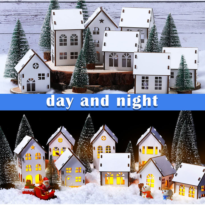 Winter Village Kit DIY White Wood Village Houses Mini Tree Farmhouse Winter Christmas Village Sets Christmas Scene Desktop Ornament for Winter Xmas Holiday Party(24 Pcs)