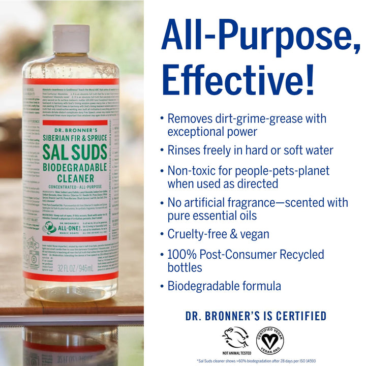 Dr. Bronner&#39;s - Sal Suds Biodegradable Cleaner (32 oz, 2-pack) - All-Purpose Cleaner, Pine Cleaner for Floors, Laundry and Dishes, Concentrated, Cuts Grease and Dirt, Powerful Cleaner