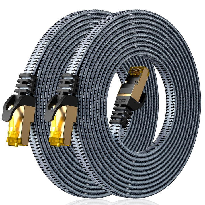 Cat 8 Ethernet Cable 10 FT 2 Pack, 40Gbps 2000Mhz High Speed Cat8 Network LAN Patch Cord, Nylon Braided Heavy Duty Shielded RJ45 Flat Internet Cable for Indoor Outdoor - 10 Feet (Grey)
