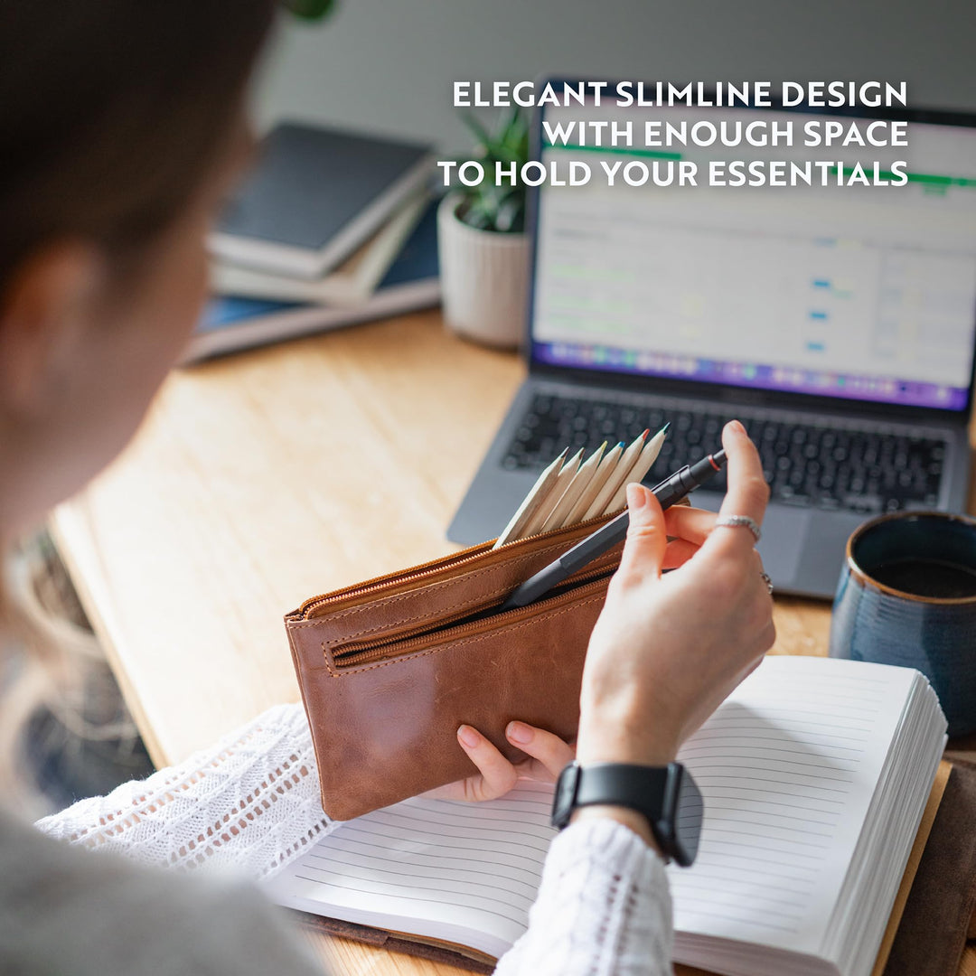 Leather Pencil Case Pouch, Handcrafted 8 x 4 Leather Pen Case with Zipper - Pencil Cases for Adults with Side Pocket - Leather Pencil Pouch Zippered Pen Bag - Light Brown