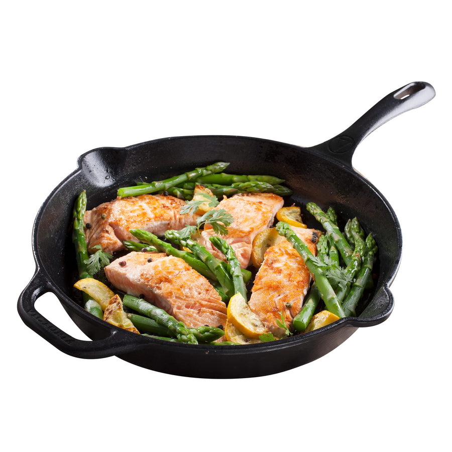 Cast Iron Skillet Large Frying Pan with Helper Handle Seasoned with 100% Kosher Certified Non-GMO Flaxseed Oil, 12 Inch, Black