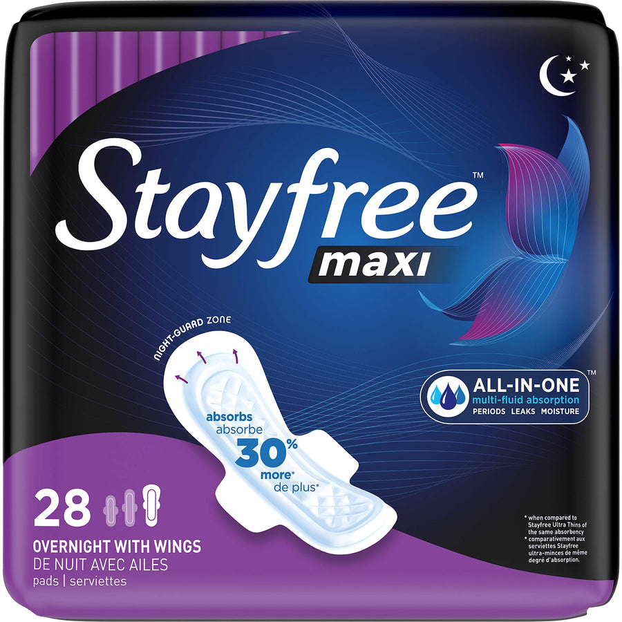 Stayfree Maxi Pads for Women with Wings, Overnight - 28