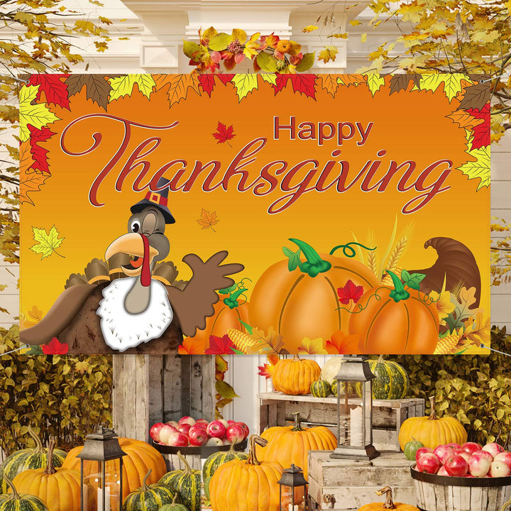 Happy Thanksgiving Background Fall Banner Thanksgiving Decorations Turkey Maple Leaves Pumpkin Banner for Fall Party Supplies , 72.8 x 43.3 Inch