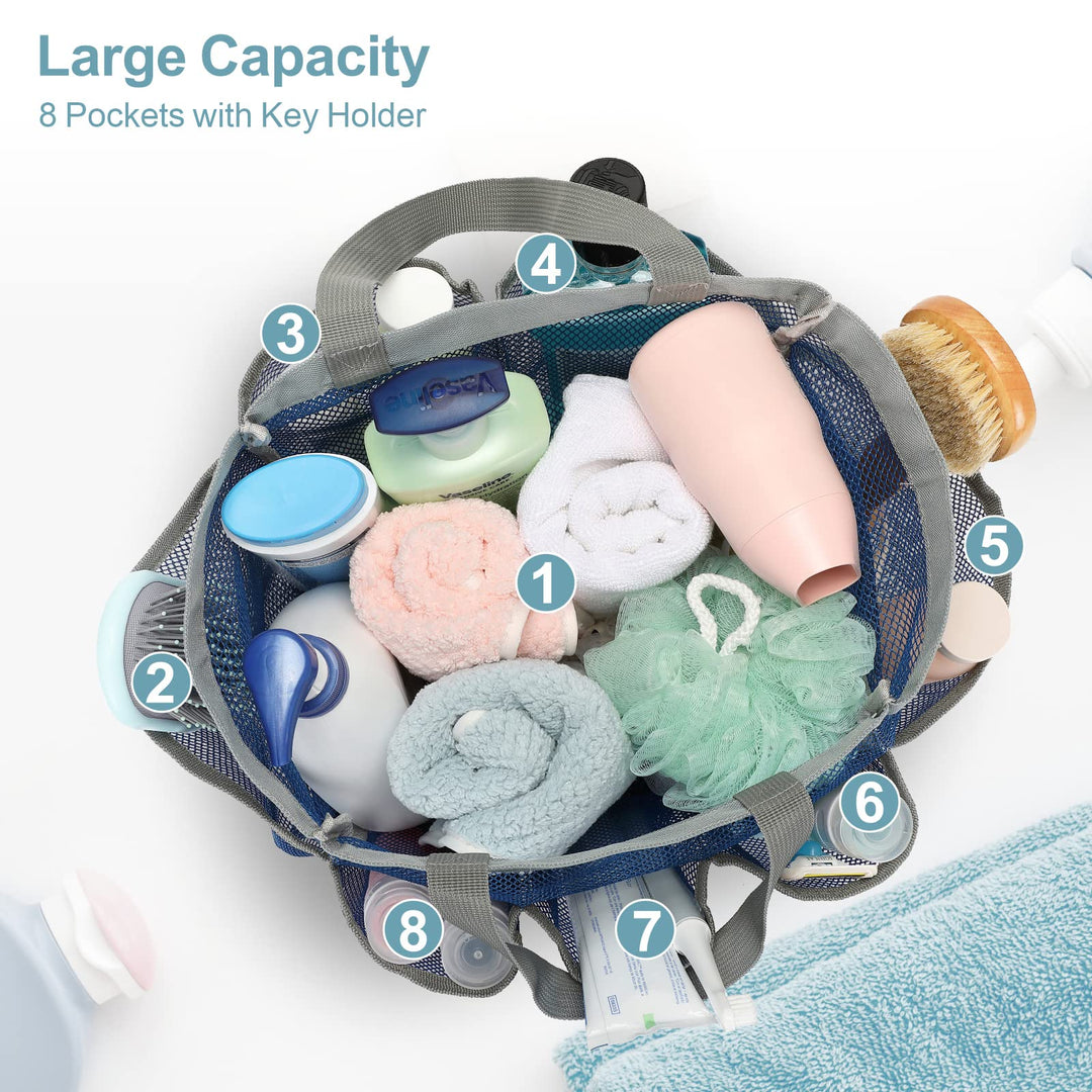 Mesh Shower Caddy Portable, Shower Caddy Quick Dry Hanging Shower Bag for College Dorm Essentials, 8 Pockets Deeper Bath Shower Caddy Basket for Bathroom Camp Gym Swim Travel Outdoor, Blue