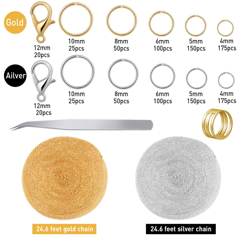 Jewelry Making Chains 49.2 Feet Stainless Steel Link Chains 1000 Pieces Jump Rings 40 Pieces Lobster Clasps with Curved Tweezers and Brass Jump Ring Opener for Women Men DIY Jewelry (Gold, Silver)