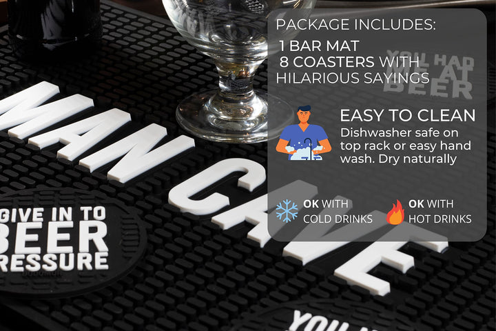 Bodomor Bar Mat &amp; 8 Funny Coasters for Drinks - Coffee Maker Mat &amp; Cup Coasters Set 17.8x11.8 Rubber Drying Mat with Coasters Man Cave Decor (Black)