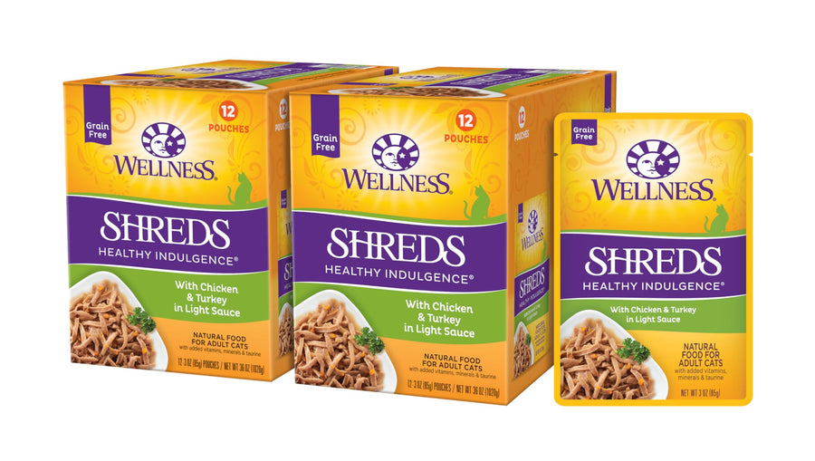 Healthly Indulgence Shreds Adult Wet Cat Food, Natural, Protein-Rich, Grain Free, 3 Ounce Pouch, 24 Pack, (Chicken & Turkey)
